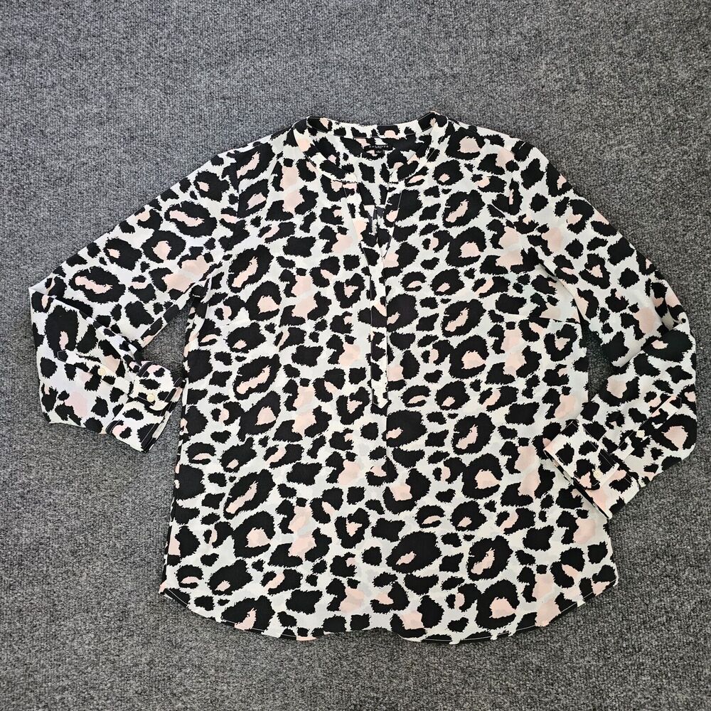 Talbots Top Shirt Womens Large White Pink Leopard V Neck Long Sleeve Career